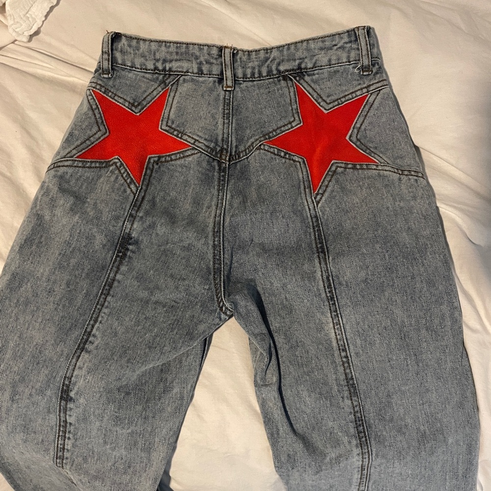 Women's Straight Leg Jeans with Red Star Accents
